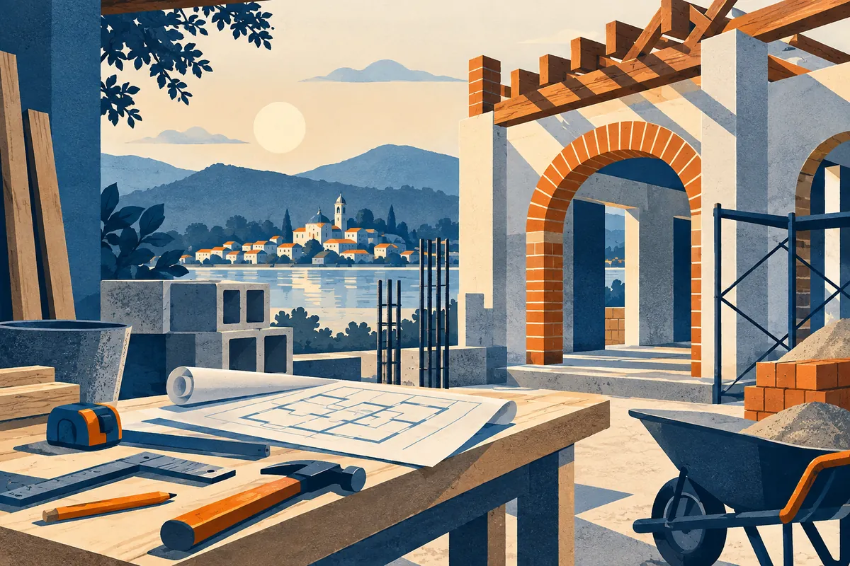 Ilustración de una obra y herramientas inspirada en Pátzcuaro